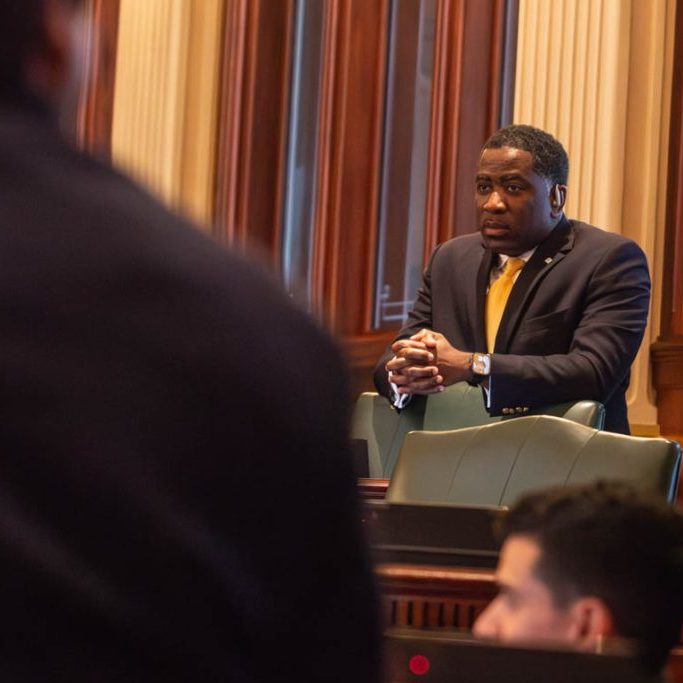 Rep. Marcus Evans, D-Chicago, on the House floor in May 2025. (Capitol News Illinois photo by Jerry Nowicki)