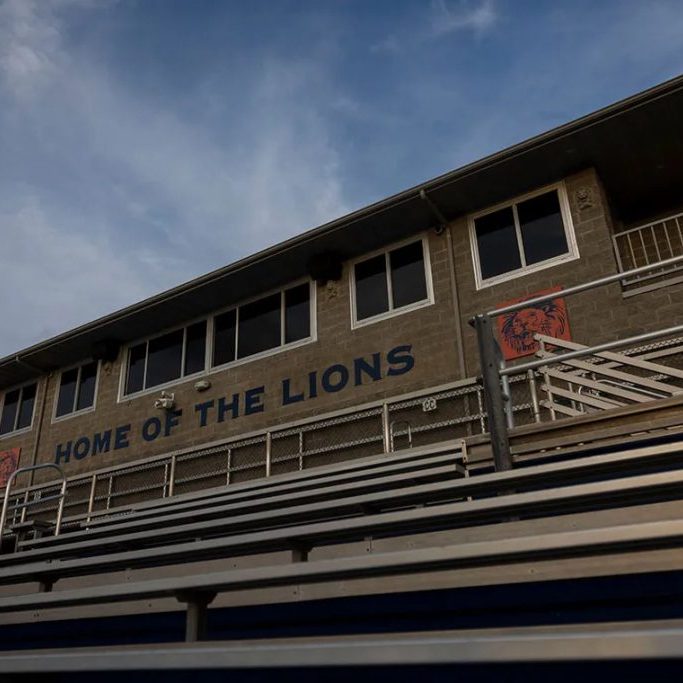 The sun sets on the press box of the Lions Field football stadium at Carterville High School. (Photo by Lylee Gibbs)