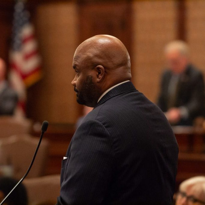 Sen Elgie Sims, D-Chicago, debates Sen. Dave Syverson, R-Cherry Valley, on the Senate floor before the chamber approved the fiscal year 2027 budget. (Capitol News Illinois photo by Jerry Nowicki)