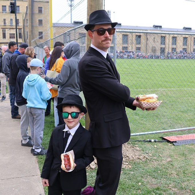On a “mission from God,” from left, Decklin and Casey Papp dress as the Blues Brothers. (Medill Illinois News Bureau photo by Julia Levy)