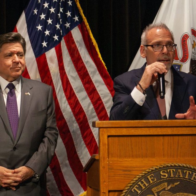 Gov. JB Pritzker and Illinois Superintendent of Education Dr. Tony Sanders speak at an event at the Governor’s Mansion in March 2026. (Capitol News Illinois photo by Jenna Schweikert)